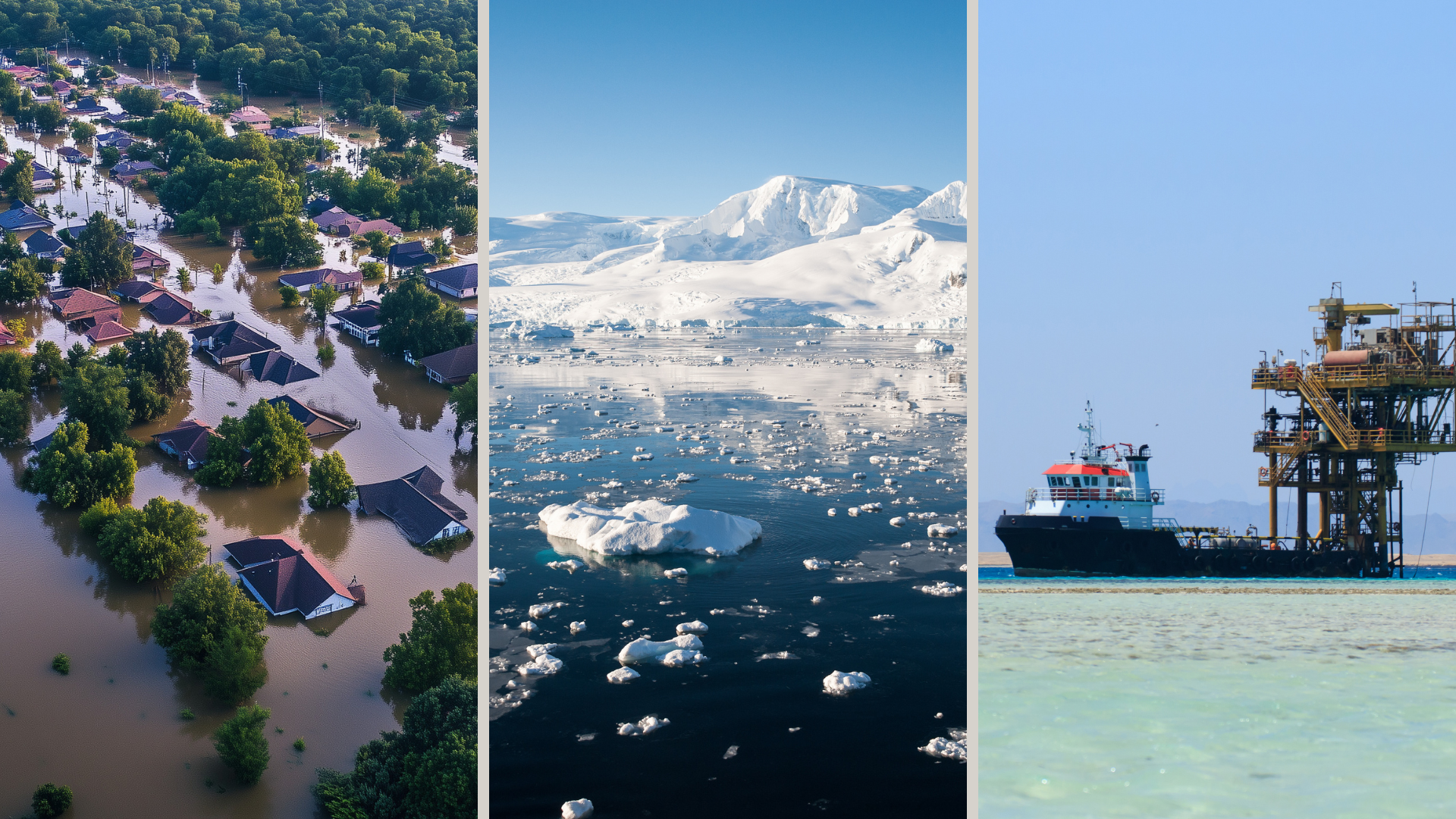 Three images showing flooding in a residential area from above, fragmented arctic sea ice and an ocean oil rig